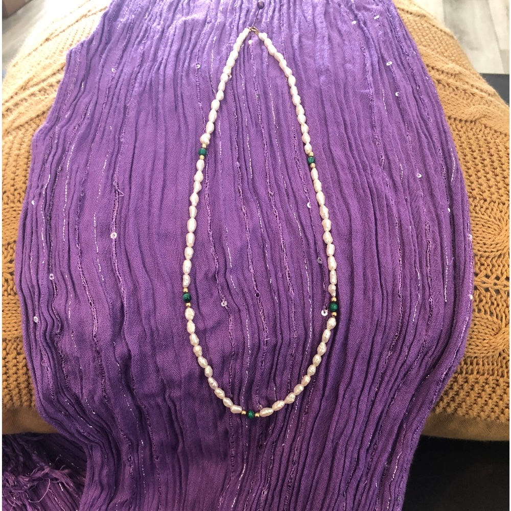 Freshwater Pearl, Gold and Jade Beads, 14K Gold, 18” long